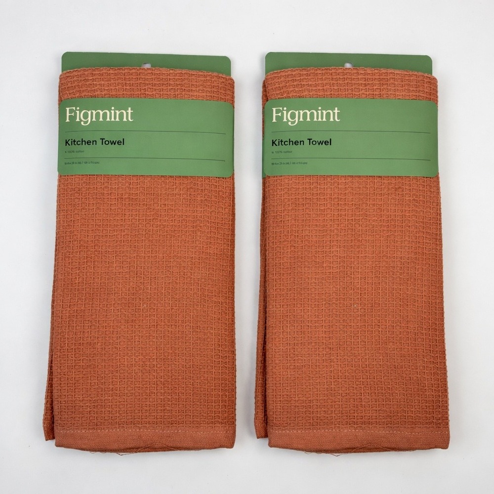 2 Pack Figmint Kitchen Towel Orange Brown 100%‎ Cotton Waffle Weave 18x28 New